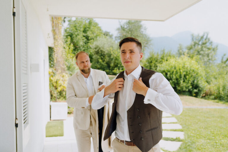 Groom getting ready at a villa wedding near Lake Garda