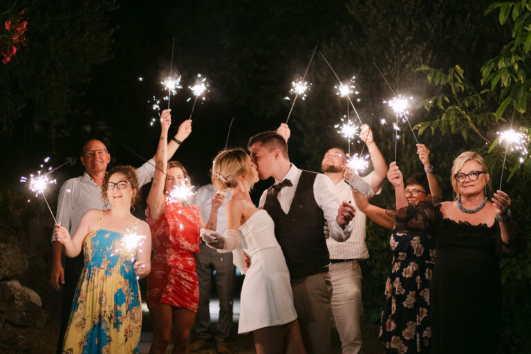 Evening party with sparklers, wedding celebration Lake Garda