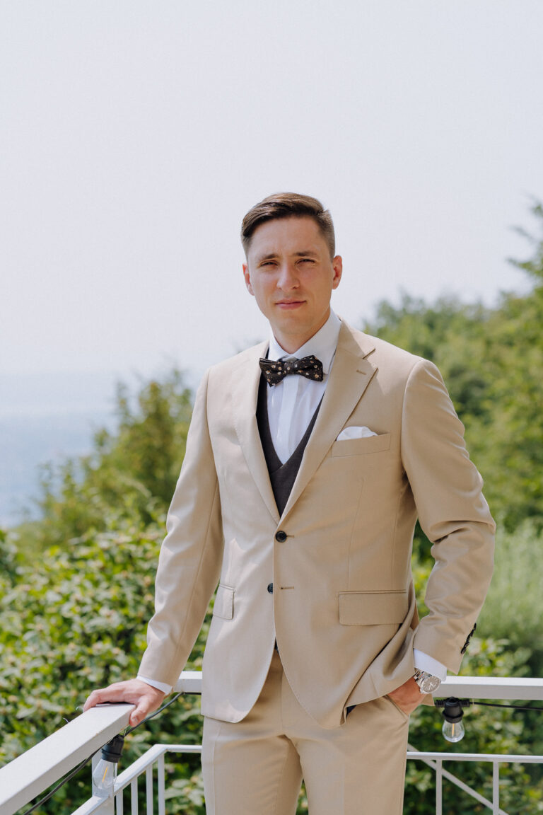 Groom portrait outdoors at Villa Dolce Bellezza, Lake Garda