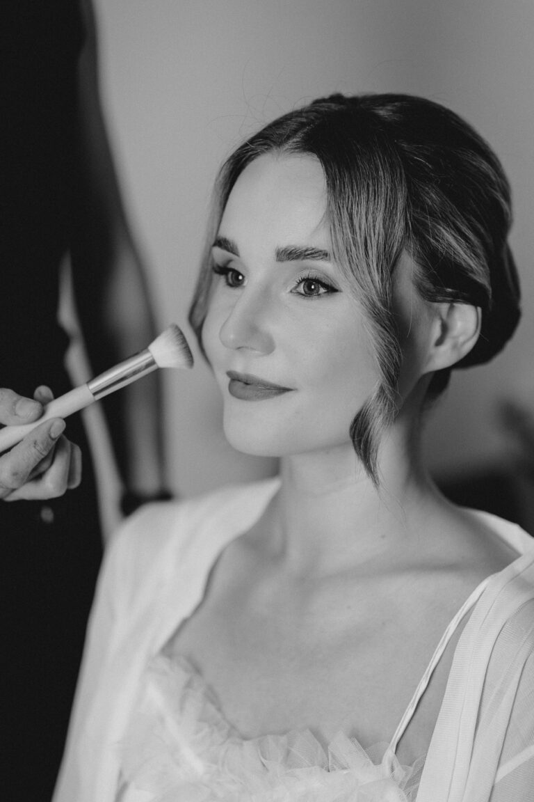 Black and white bridal portrait during getting ready, Lake Garda