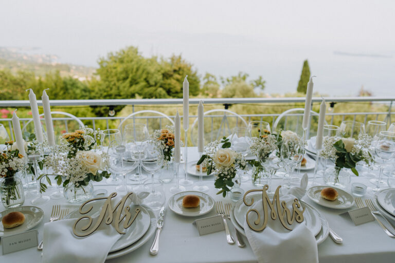 Reception table setup with lake view, Lake Garda villa