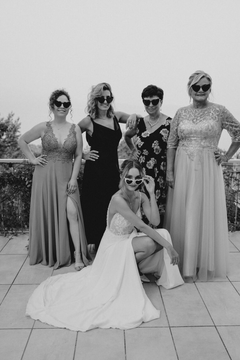 Wedding party portrait, black and white group photo