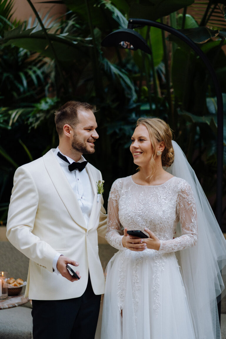 Bride and groom during dinner reception at Six Senses Rome, quiet intimate moment