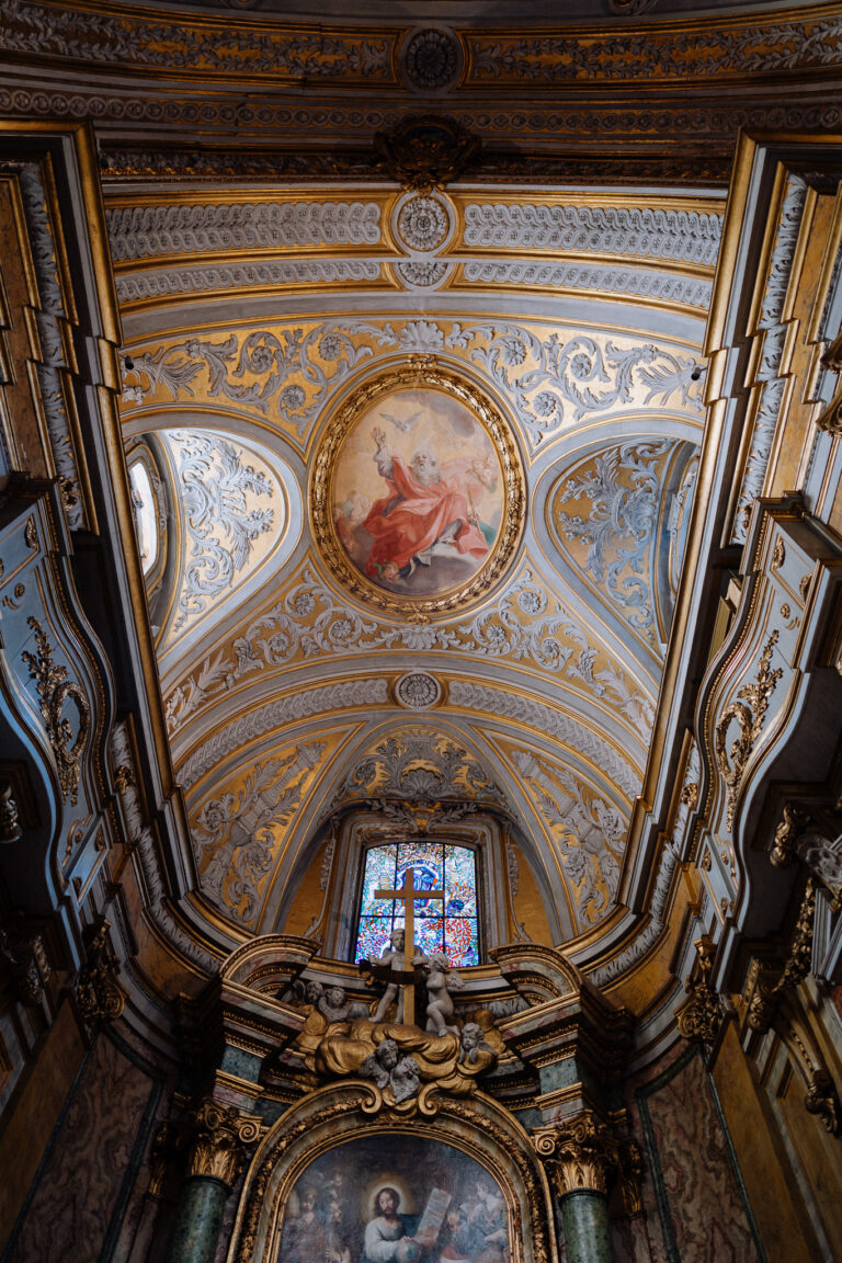 Ceiling and architectural details inside San Stanislao dei Polacchi church in Rome.