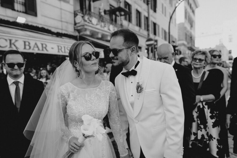 Black and white portrait of guests after the wedding ceremony in Rome.