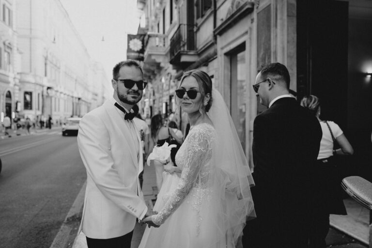 Black and white couple portrait in Rome, intimate documentary style.