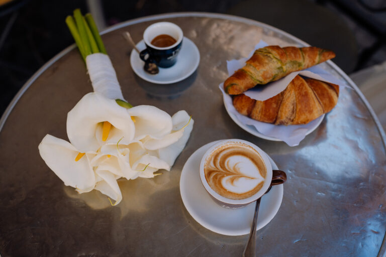Coffee and pastries in Rome, breakfast detail during a wedding day