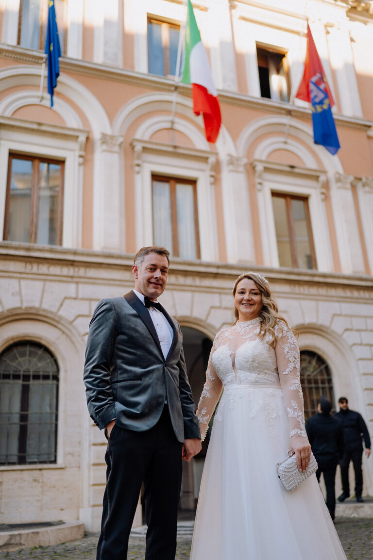 Newlyweds portrait near Palazzo San Bernardino in Tivoli, Italy.