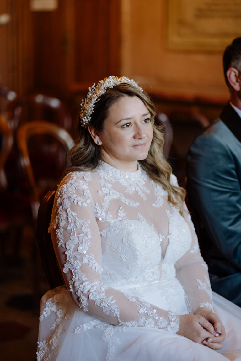 Bride portrait indoors with warm light, winter elopement in Tivoli.