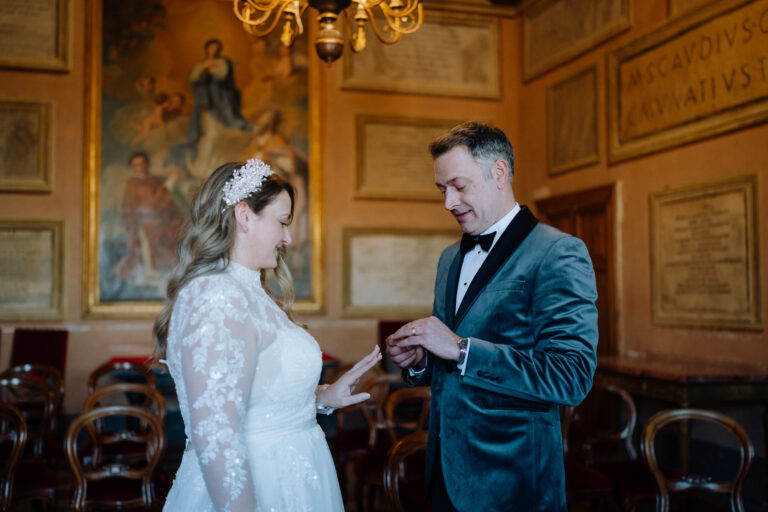 Bride and groom during civil ceremony at Palazzo San Bernardino, Tivoli