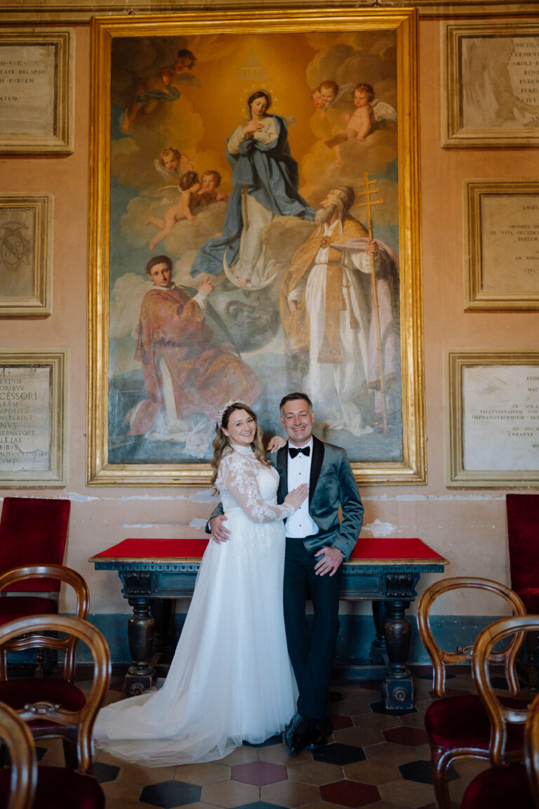 Wedding couple in a historic interior in Tivoli, Italy, intimate atmosphere