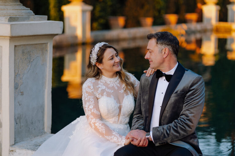Romantic couple portrait in Tivoli at sunset, destination wedding photography.