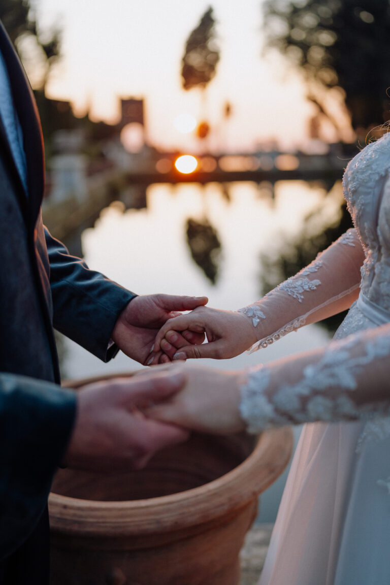 Wedding details with warm light, winter elopement in Tivoli, Italy.