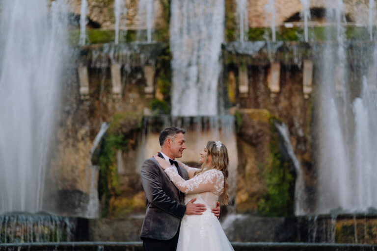 Intimate couple portrait in Tivoli, Italy, warm tones and soft background