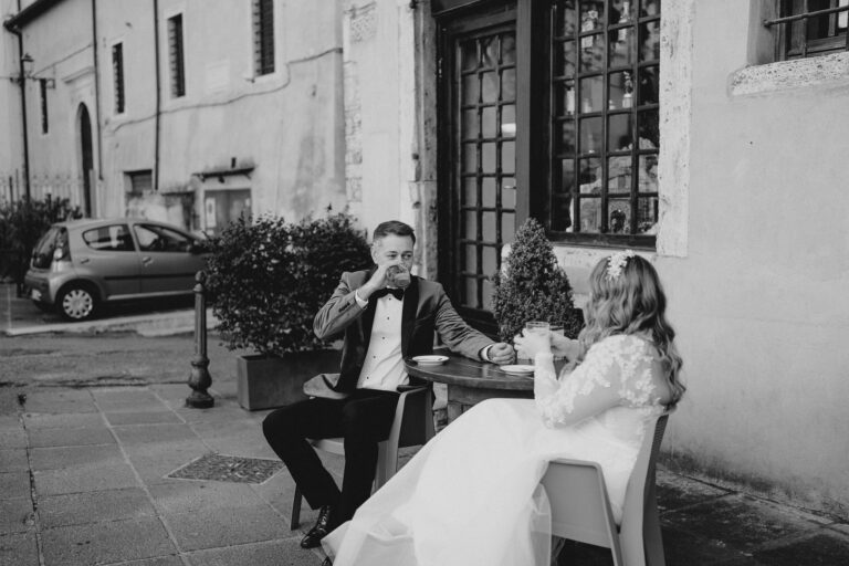 Black and white wedding couple portrait in Tivoli, Italy, cinematic mood