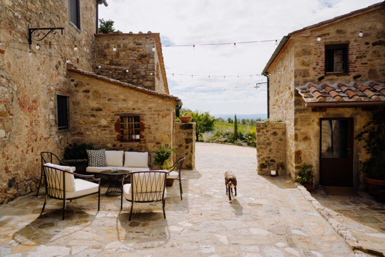 Stone courtyard at Podere Ferrale in Radda in Chianti, Tuscany