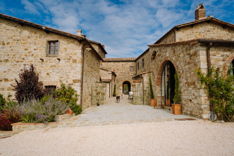 Stone courtyard at Podere Ferrale in Radda in Chianti, Tuscany