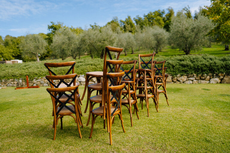 Wedding ceremony chairs set outdoors at Podere Ferrale, Tuscany