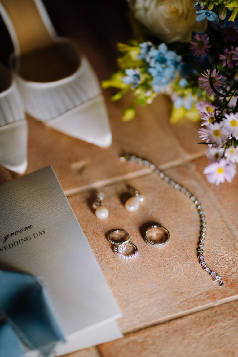 Bride shoes detail during getting ready in Tuscany