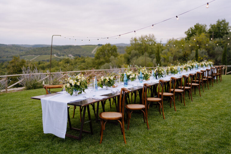 Wide view of reception setup in the Chianti countryside