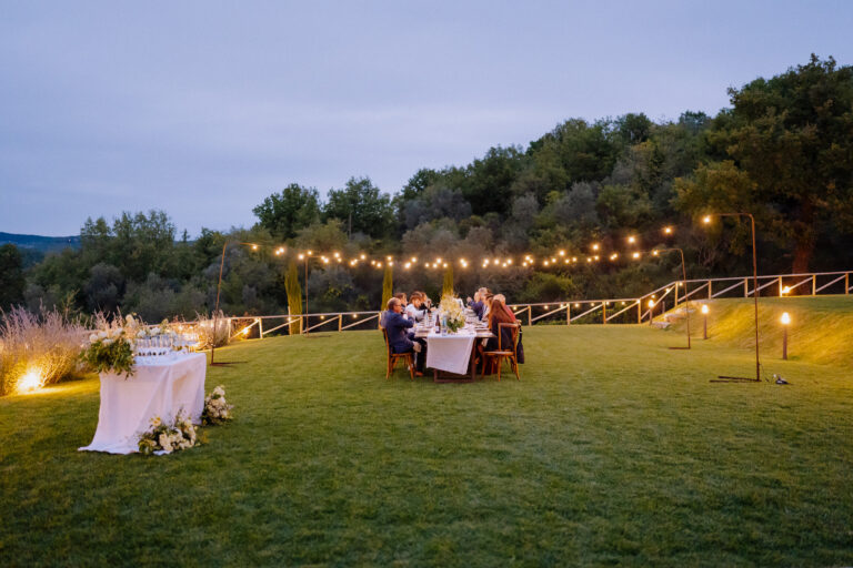 Wide view of reception setup in the Chianti countryside