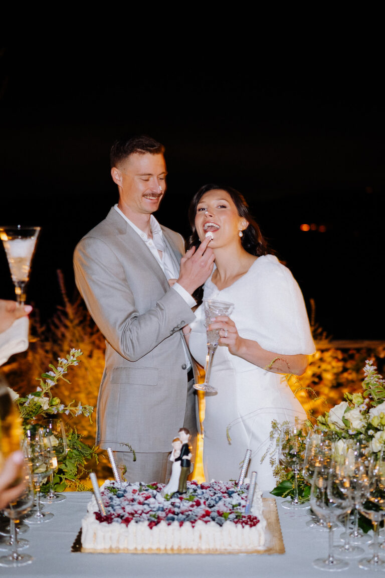 Cake cutting moment, bride and groom together