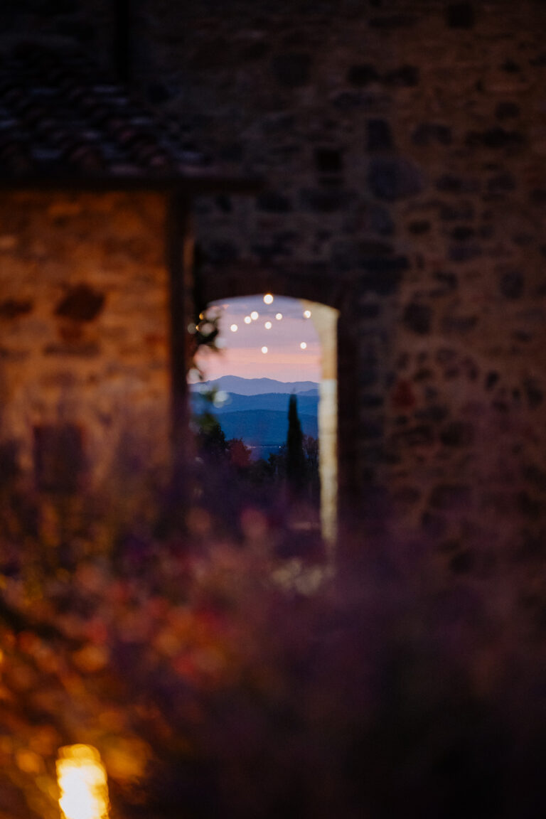 String lights at night, Tuscany wedding atmosphere