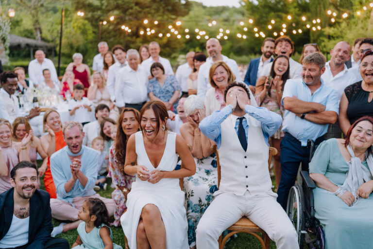 Big group photo at night, Tuscany wedding