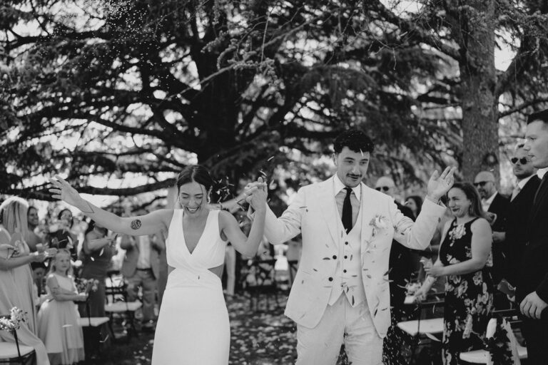 Celebration moment after ceremony, black and white