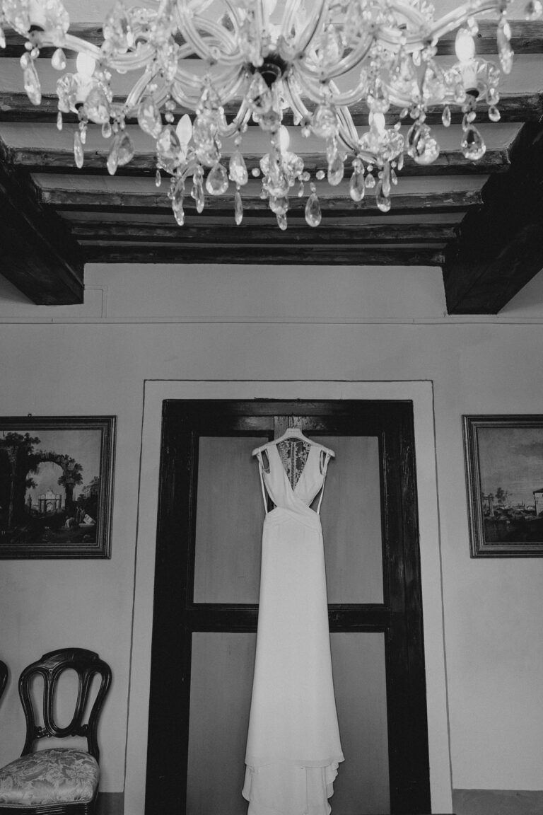 Wedding dress and interior detail at Villa Cini.